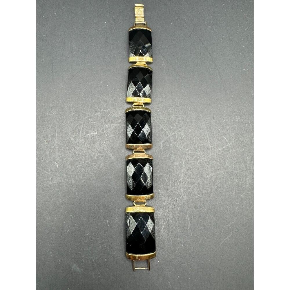 CA Signed Sterling Silver 925 Gold Tone Facetted Black Crystal Link Bracelet